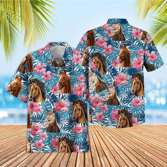Tropical Horse Blue Pink Floral 3D Hawaiian Shirt, Farm Hawaiian Shirt, Summer Beach Shirt, Animal Shirt