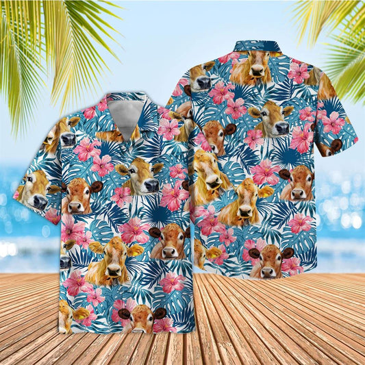 Tropical Jersey Blue Pink Floral 3D Hawaiian Shirt, Farm Hawaiian Shirt, Summer Beach Shirt, Animal Shirt
