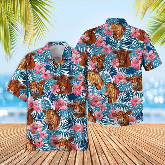 Tropical Red Angus Blue Pink Floral 3D Hawaiian Shirt, Farm Hawaiian Shirt, Summer Beach Shirt, Animal Shirt