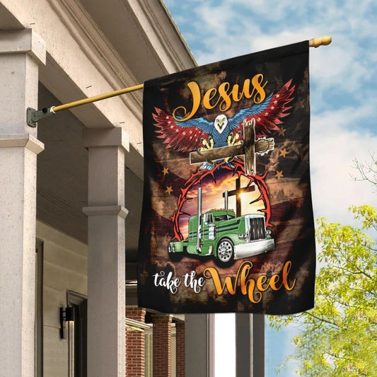 Trucker Jesus Take The Wheel House Flag, Outdoor Religious Flags, Christian Flag, Religious Flag, Christian Outdoor Decor