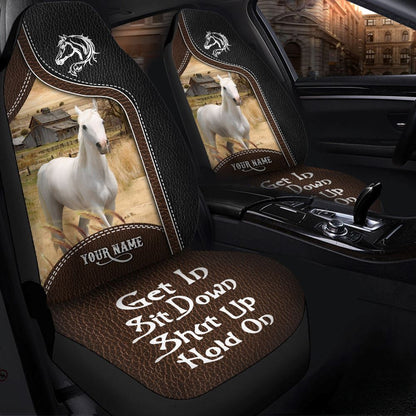 White Horse Personalized Name Black And Brown Leather Pattern Car Seat Covers, Farm Car Seat Cover, Cow Print Seat Covers For Trucks