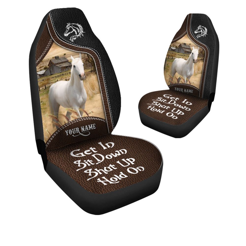 White Horse Personalized Name Black And Brown Leather Pattern Car Seat Covers, Farm Car Seat Cover, Cow Print Seat Covers For Trucks