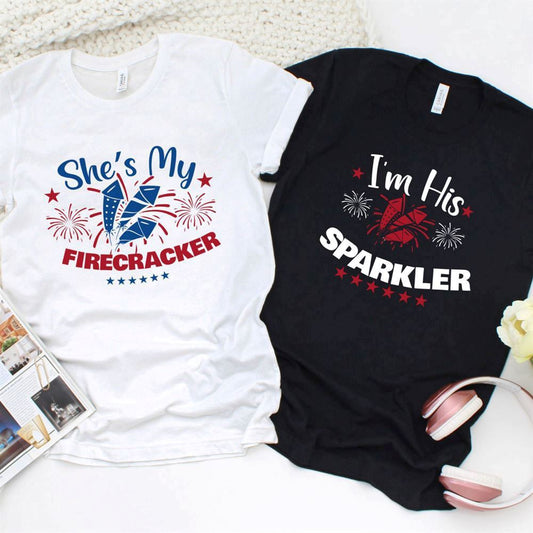 4Th Of July Matching Outfits Set She'S My Firecracker & I'M His Sparkler For Couples, Couple T Shirts, Valentine T-Shirt, Valentine Day Gift