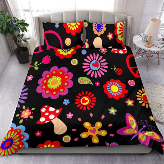 70S Hippie Colorful Multicolored Quilt Bedding Set, Boho Bedding Set, Soft Comfortable Quilt, Hippie Home Decor