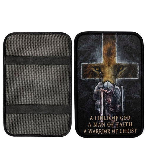 A Child Of God A Man Of Faith A Warrior Of Christ Car Center Console Cover, Bible Verse Car Armrest Cover, Scripture Interior Car Accessories