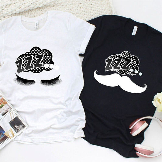 Adorable Mustache & Eyelash Couple's Matching Set For Couples, Couple T Shirts, Valentine T-Shirt, Valentine Day Gift