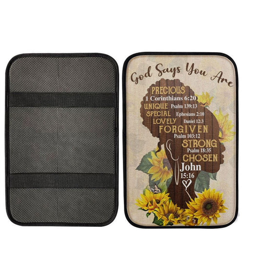 African American God Says You Are Sunflower Car Center Console Cover, Bible Verse Car Armrest Cover, Scripture Interior Car Accessories