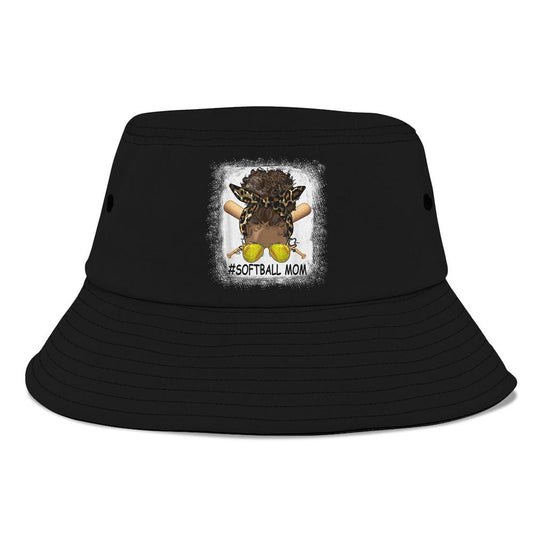 Afro Messy Bun Softball Mom Leopard Black Mommy Mothers Day Bucket Hat, Mother's Day Bucket Hat, Sun Protection Hat For Women And Men