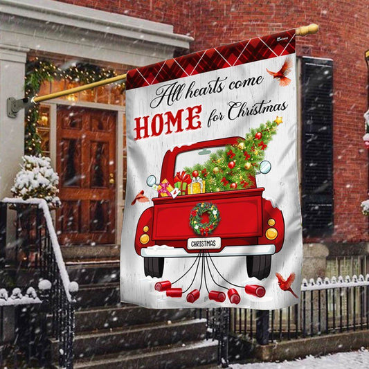 All Hearts Come Home For Christmas Red  Truck Christmas Flag, Christmas Gift, Christmas Garden Flags, Christmas Outdoor Flag