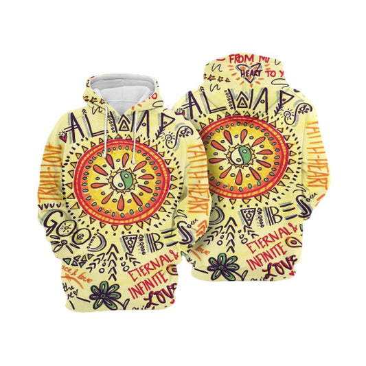 Always Good Vibes Eternals Infinite Yin And Yang Sun Yellow All Over Print 3D Hoodie For Men And Women, Hippie Outfit Ideas, Costume Hippie