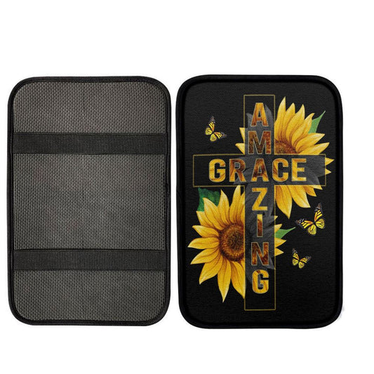 Amazing Grace Sunflower Car Center Console Cover, Bible Verse Car Armrest Cover, Scripture Interior Car Accessories