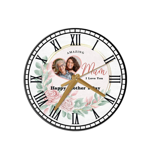 Amazing Mum Pink Floral Heart Photo Mother's Day Gift Personalised Wooden Clock, Mother's Day Wooden Clock, Memorial Day Gift