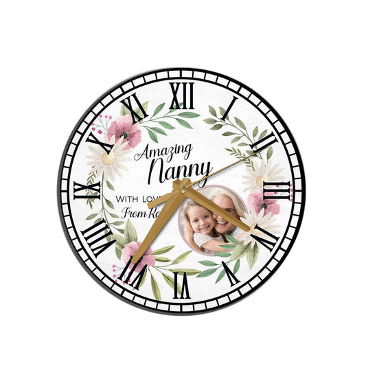 Amazing Nanny Floral Round Photo Mother's Day Birthday Gift Personalised Wooden Clock, Mother's Day Wooden Clock, Memorial Day Gift