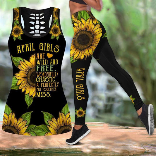 April Girl With Sunflower Hollow Tanktop Leggings, Sports Clothes Style Hippie For Women, Gift For Yoga Lovers