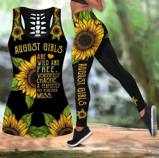 August Girl With Sunflower Hollow Tanktop Leggings, Sports Clothes Style Hippie For Women, Gift For Yoga Lovers