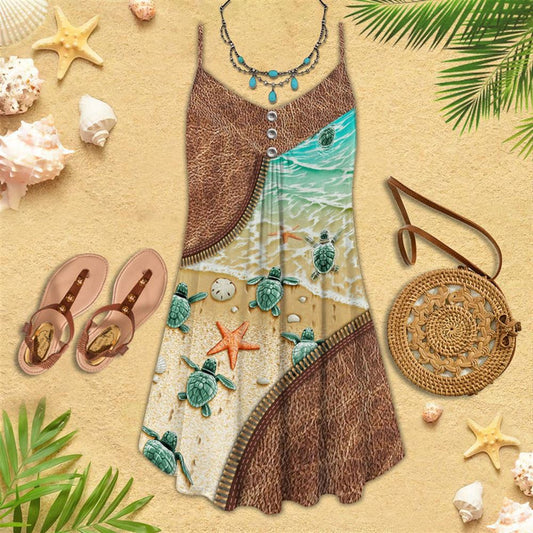 Baby Turtle Go To Beach Leather Style Spaghetti Strap Summer Dress For Women On Beach Vacation, Hippie Dress, Hippie Beach Outfit