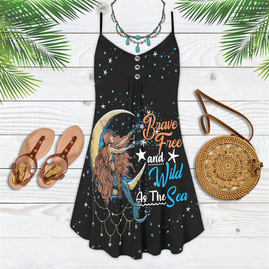 Beach Mermaid Brave Free And Wild As The Sea Spaghetti Strap Summer Dress For Women On Beach Vacation, Hippie Dress, Hippie Beach Outfit