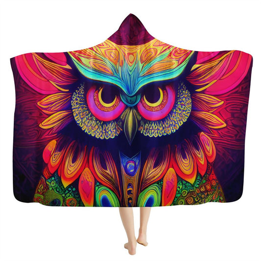 Colorful Trippy Owl Hooded Blanket, In Style Boho, Hippie, Bohemian, Bohemian Blanket, Boho Hooded Cloak