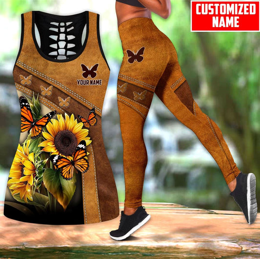 Custom Butterfly Sunflower Hollow Tanktop Leggings, Sports Clothes Style Hippie For Women, Gift For Yoga Lovers