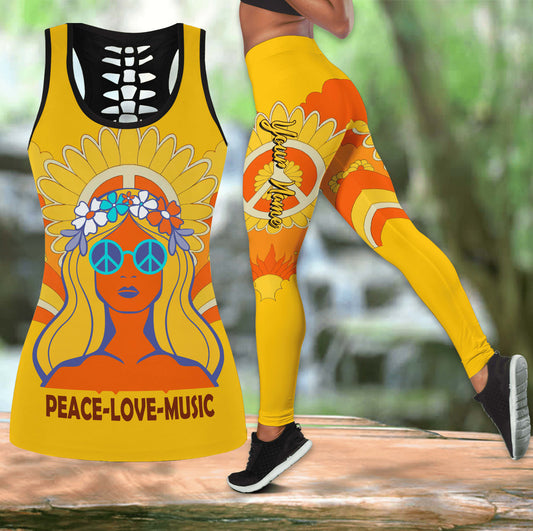 Custom Hippie Soul Peace Love Music Hollow Tanktop Leggings, Sports Clothes Style Hippie For Women, Gift For Yoga Lovers