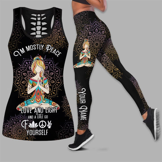 Custom I'm Mostly Peace Love And Light Hollow Tanktop Leggings, Sports Clothes Style Hippie For Women, Gift For Yoga Lovers