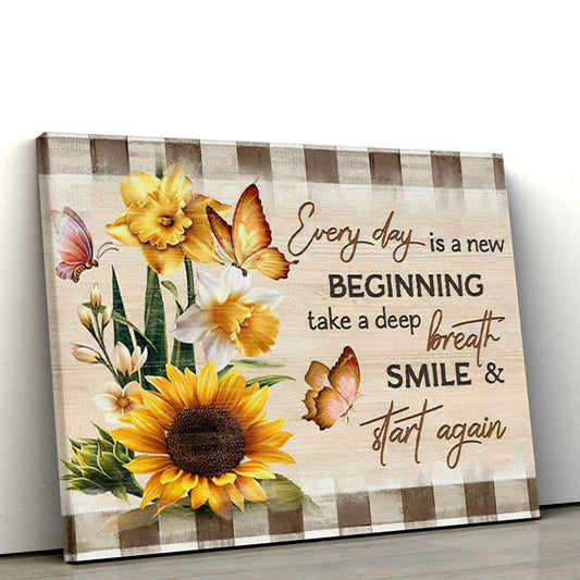 Every Day Is A New Beginning Butterfly Sunflowers Canvas Wall Art, Christian Canvas, Christmas Gift for Women Men Christian