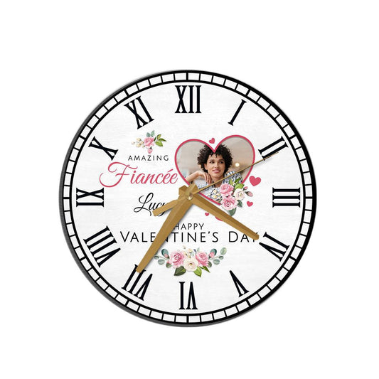 Fiancée Floral Heart Frame Anniversary Birthday Personalised Wooden Clock, Mother's Day Wooden Clock, Memorial Day Gift