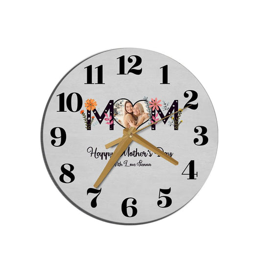 Floral Mum Heart Photo Frame Mother's Day Gift Grey Personalised Wooden Clock, Mother's Day Wooden Clock, Memorial Day Gift