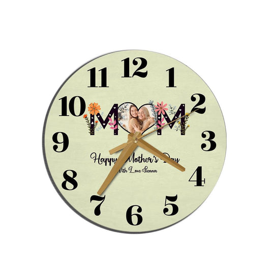 Floral Mum Heart Photo Frame Mother's Day Gift Personalised Wooden Clock, Mother's Day Wooden Clock, Memorial Day Gift