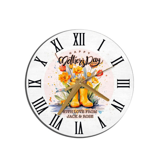 Floral Wellington Boots Mother's Day Gift Personalised Wooden Clock, Mother's Day Wooden Clock, Gift For Mom