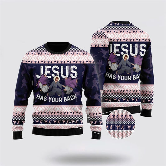 Funny Jesus Has Your Back Jiu Jitsu Ugly Christmas Sweater, Christian Sweater, God Gift, Gift For Christian, Jesus Winter Fashion