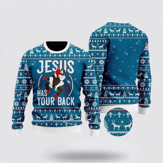 Funny Jesus Has Your Back Jiu Jitsu Ugly Christmas Sweater For Men & Women, Christian Sweater, God Gift, Gift For Christian, Jesus Winter Fashion