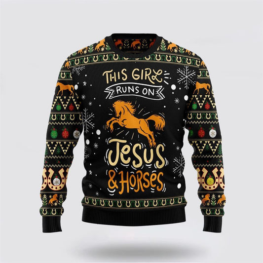 Girls Run On Jesus And Horses Ugly Christmas Sweater, Christian Sweater, God Gift, Gift For Christian, Jesus Winter Fashion