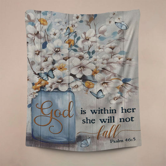 God Is Within Her Jasmine Flower Blue Vase Butterfly Tapestry Wall Art, Religious Tapestry, Christian Wall Decor, Religious Home Decor