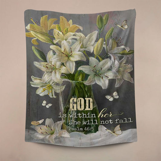 God Is Within Her Lily Flower Tapestry Art, Christian Wall Decor, Religious Home Decor