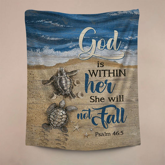 God Is Within Her Sand Beach Sea Turtle Tapestry Wall Art, Christian Wall Decor, Religious Home Decor