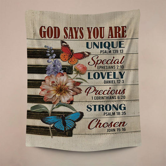 God Says You Are Piano Keys Gorgeous Butterfly Bible Verse Flowers Tapestry Wall Art, Christian Wall Decor, Religious Home Decor