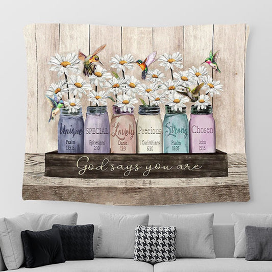 God Says You Are Special White Daisy Hummingbird Tapestry Prints - Religious Tapestry Art - Christian Home Decor