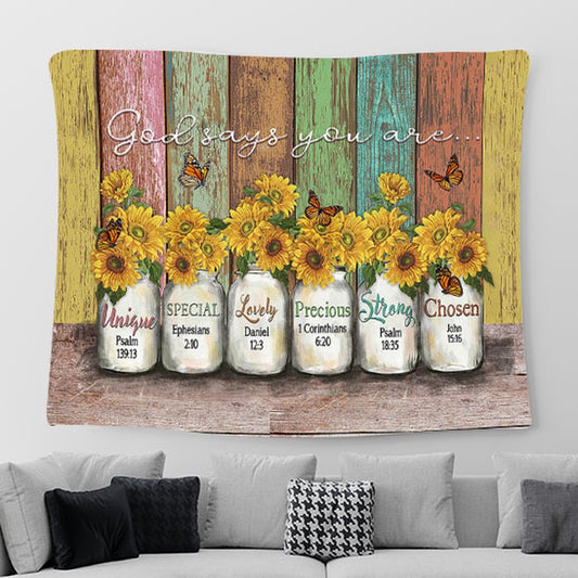 God Says You Are Sunflower Butterfly Tapestry Prints - Religious Tapestry Art - Christian Home Decor