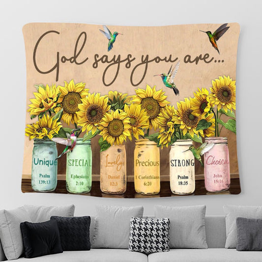 God Says You Are Sunflower & Humming Bird Tapestry Wall Art - Christian Wall Tapestry - Scripture Tapestry Prints