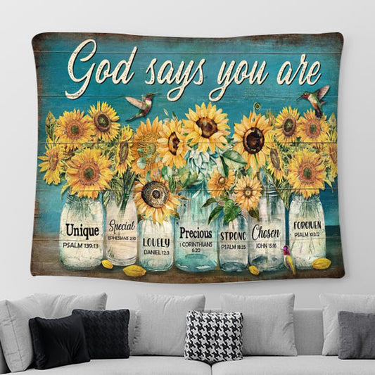 God Says You Are Sunflower Jar Hummingbird Tapestry Prints - Religious Tapestry Art - Christian Home Decor