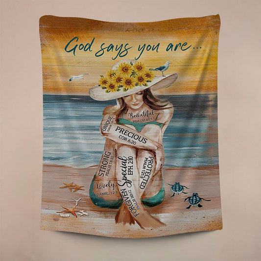 God Says You Are Tapestry Beautiful Girl On The Beach Tapestry Wall Art, Christian Wall Decor, Religious Home Decor