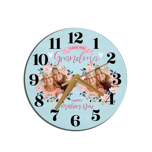 Grandma Mother's Day Gift Blue Flower Photos Personalised Wooden Clock, Mother's Day Wooden Clock, Memorial Day Gift