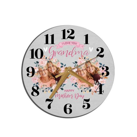 Grandma Mother's Day Gift Grey Flower Photos Personalised Wooden Clock, Mother's Day Wooden Clock, Memorial Day Gift