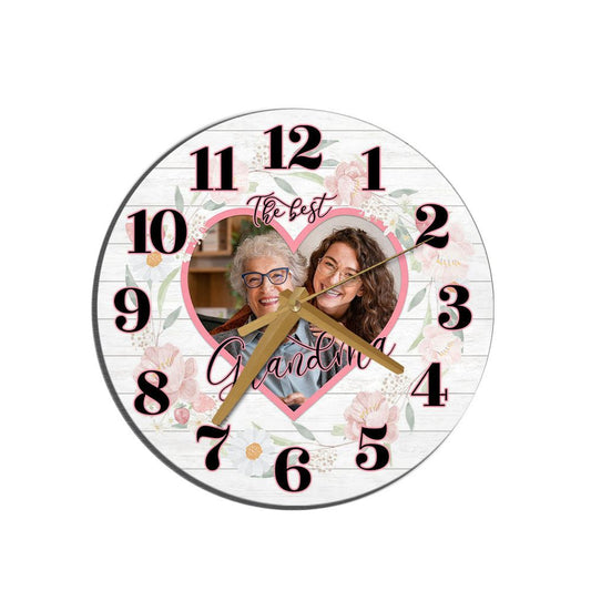 Grandma Pink Floral Photo Frame Mother's Day Birthday Gift Personalised Wooden Clock, Mother's Day Wooden Clock, Memorial Day Gift