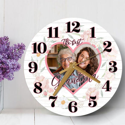 Grandma Pink Floral Photo Frame Mother's Day Birthday Gift Personalised Wooden Clock, Mother's Day Wooden Clock, Memorial Day Gift