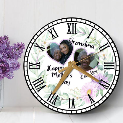 Grandma Purple Hearts Photo Frame Mother's Day Gift Personalised Wooden Clock, Mother's Day Wooden Clock, Memorial Day Gift