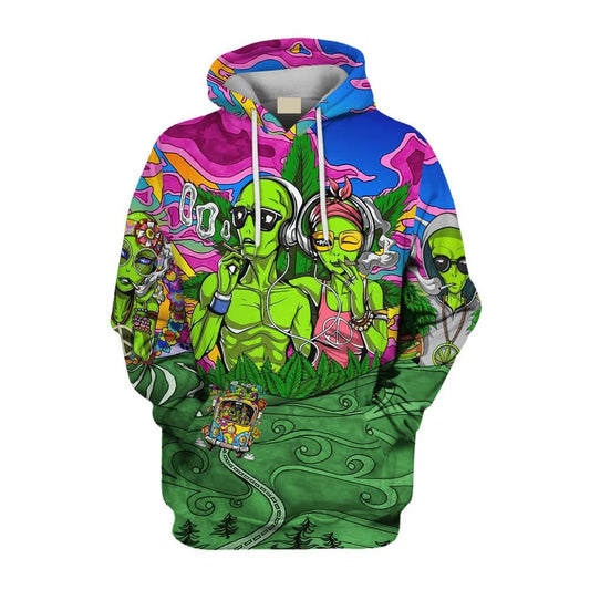 Hippie Aliens Smoke And Listen To Music All Over Print 3D Hoodie For Men And Women, Hippie Gifts, Hippie Hoodie, Hippie Clothes