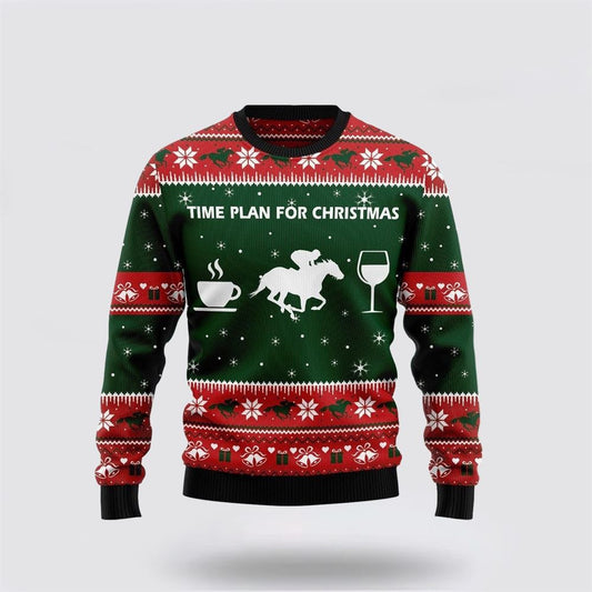 Horse Racing Wine Coffee Time Plan For Ugly Christmas Sweater For Men And Women, Farm Ugly Sweater, Christmas Fashion Winter