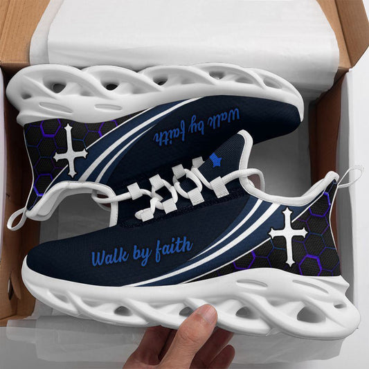 Jesus Walk By Faith Running Blue Christ Sneakers Max Soul Shoes, Christian Soul Shoes, Jesus Running Shoes, Fashion Shoes